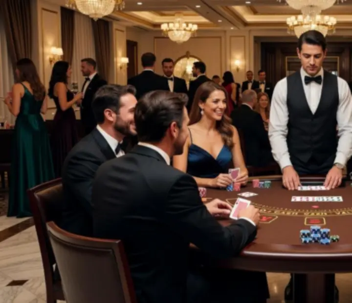Invités élégamment habillés jouant au blackjack dans un espace événementiel luxueux avec un croupier professionnel