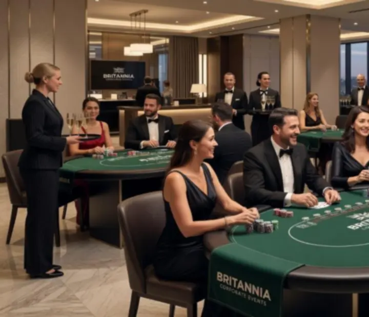Soirée casino élégante avec tables de poker, roulette et blackjack