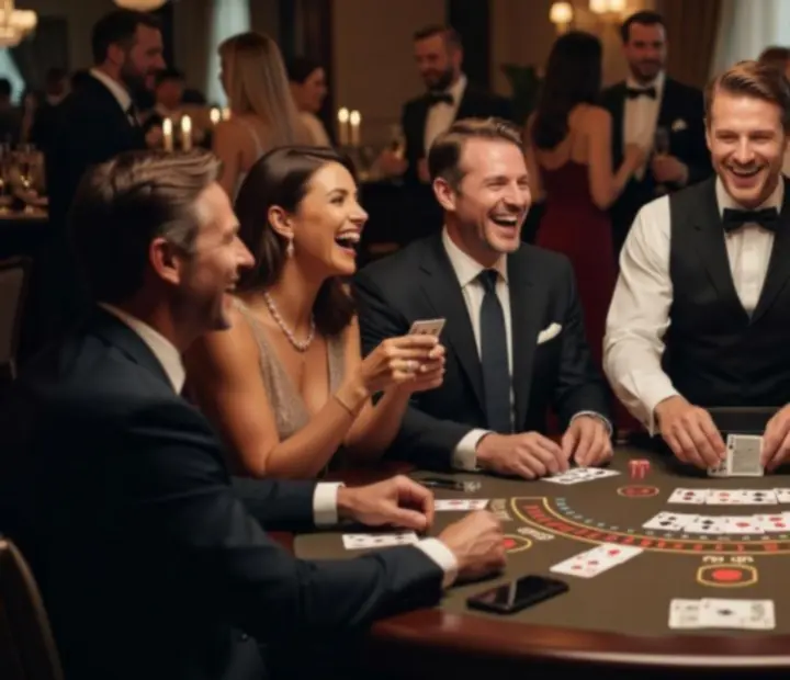 Vue d'ensemble d'un événement entreprise avec plusieurs invités autour d'une table de blackjack