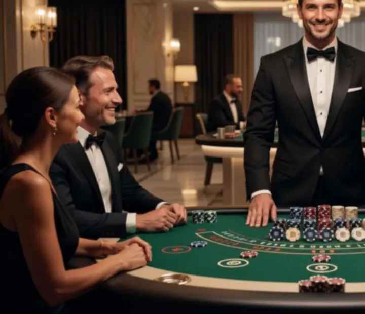 Croupier de blackjack élégamment vêtu animant une table dans une atmosphère raffinée