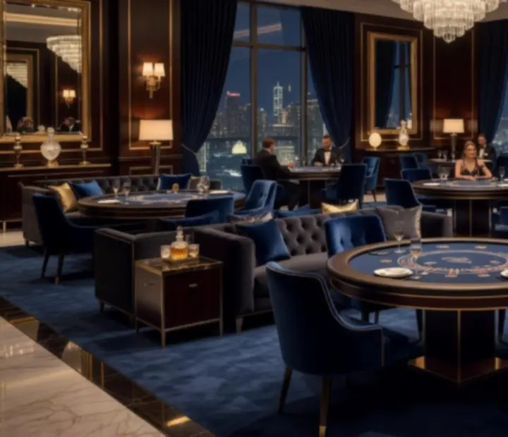 Espace événementiel luxueux et lumineux aménagé pour une soirée casino sans mise réelle